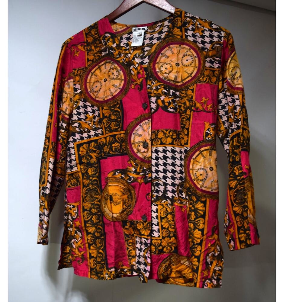 Silx Vintage Women’s Small 100% Silk Clock Baroque Houndstooth Blouse